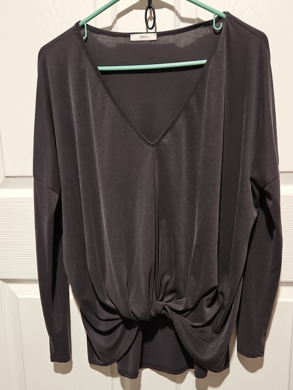 Jodifl Charcoal Gray V-Neck Twist Front Women's Top